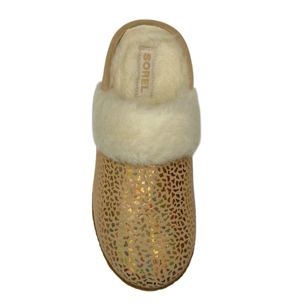 SOREL Nakiska Youth Girls Faux Fur Slippers Size 3 Tan- Gold Animal Print Warm‎
